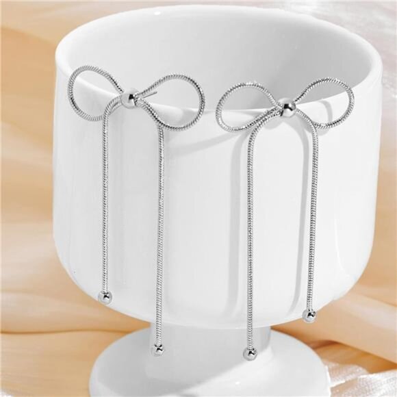 Silver Bow Earrings – White Gold Plated, Dangle Tassel Design - Picture 3 of 7